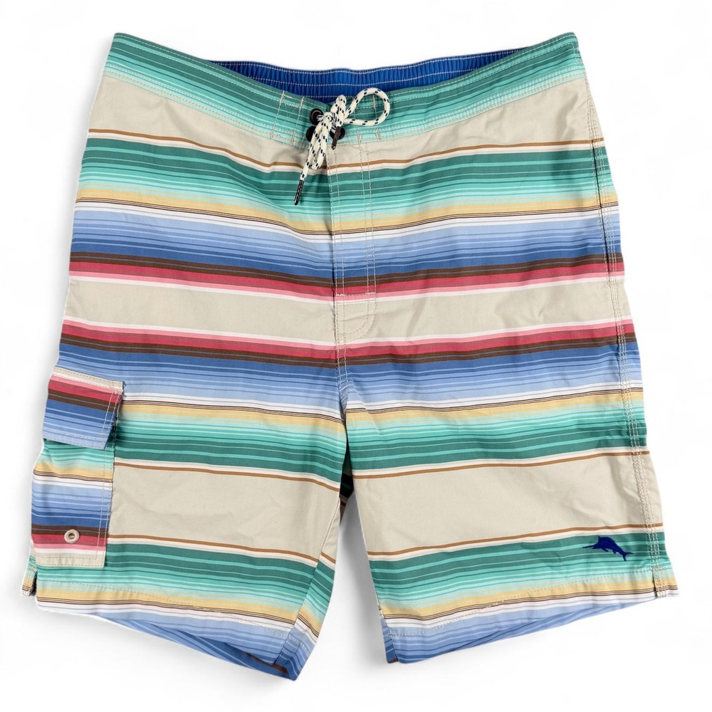 Tommy Bahama Relax Swim Trunks Mens L Multicolor Striped Drawstring Board Shorts